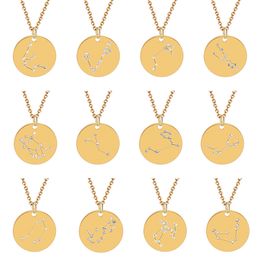 Horoscope Zodiac Pendant Necklace for Women Crystal Gothic Jewelry Gold 12 Constellations Statement Necklaces Round Coin Charm Choker Gifts