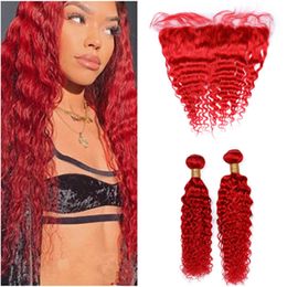 Bright Red Brazilian Deep Wave Weaves Human Hair 2Bundles with Lace Frontal Red Colour Virgin Hair Closure Ear to Ear with Bundles