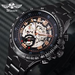 WINNER Official Casual Mens Watches Top Automatic Mechanical Watch Men Skeleton Dial Steel Band Hip Hop Wristwatch