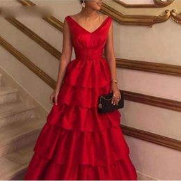 Setwell Red V-neck A-line Evening Dresses Sleeveless Tiered Satin Pleated Floor Length Long Prom Party Gowns