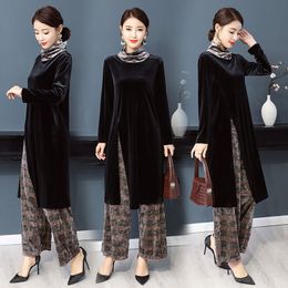 Asia & Pacific women clothing velvet Korea style Top+Pant sets spring autumn suit oriental vestido elegant Asia ethnic costume