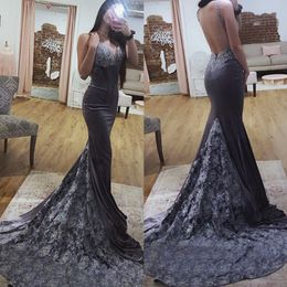 Gray Beaded Lace Mermaid Backless Prom Dresses V Neck Sequined Evening Gowns Plus Size Sweep Train Satin Formal Dress 415