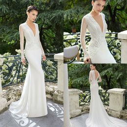 Pearl Gali Karten Mermaid Wedding Dresses V Neck Lace Applique Sweep Train Long Sleeve Beach Wedding Dress Backless Bohemian Bridal Gown