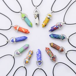 Luxury Natural quartz stone Necklaces crystal Hexagonal prism Bullet Point Pendant with Leather Rope chains For women Men Fashion Jewellery