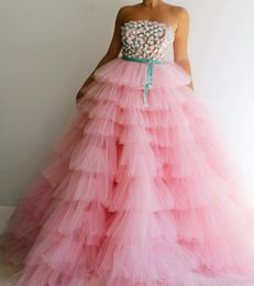 Pink Sexy Strapless Tiers Prom Dresses Long Sequins Beads Handmade Flowers A-line Evening Dress Formal Wear Girls Pageant Gowns
