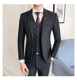 Wool Groom Wear Groomsmen Suits 2019 Modest Slim Fit Mens Business Suit Jacket + Pants + Vest Men's Suits Wedding Suits Groom Dark Grey