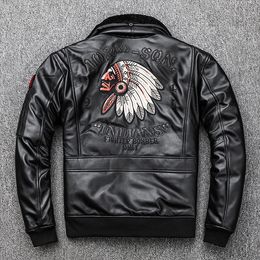 Black Indian avatar embroidery G1 flight bomber jackets sheepskin genuine leather jackets motorcycle leather jacket with lamb fur collar