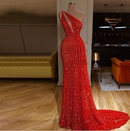 Sexy Shinning Red Sheath Prom Long Sequins One Shoulder Floor Length Dresses Evening Wear Sweep Train Formal Dress Ogstuff 330