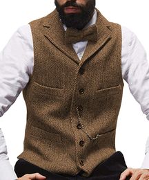 New Brown Rustic Groom Vests For Country Wedding Wool Herringbone Groomsmen Attire Men's Party Suit Vests Slim Fit Dress Waistcoat