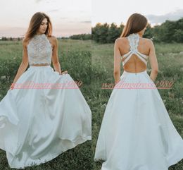 Spring Two Pieces Lace Wedding Dresses With Pockets Crew Neck Chiffon Garden A-Line Wedding Gowns robe de mariée Bridal Ball A-Line Spring