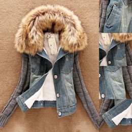 Fashion-Wholesale- Winter Women Fashion Denim Knittes Long Sleeve Jacket Movable Furs Collar Wool Coat Bomber Jacket Jean Female Basic Coats