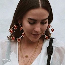 Dvacaman 2019 New Design Fashion Exaggerated Gold Metal Red Heart Charm Big Loop Drop Earrings Women Ladies Statement Earrings