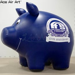 Blue Large 2.5m L Smiling Inflatable Cartoon Pig Model Can Add Logo with Pig Tail for Event Display or Decoration