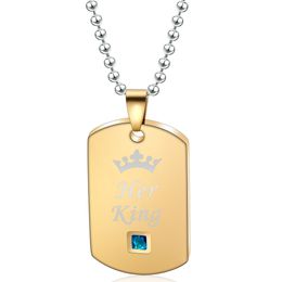 Fashion- Couple Necklace Her King His Queen Crown Couple Square Necklace Ins Titanium Steel Pendant Necklace Valentine's Day Gift