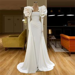 Arabic Dubai New Evening Dresses 2020 Long Sleeves Handmade Flowers Satin Robe De Soiree Ruched Prom Gowns Formal Party Dress