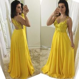 Yellow Chiffon Prom Dresses 2020 Newest Spaghetti Straps Illusion Back Lace Applique Floor Length Custom Made Evening Gown Formal 280S