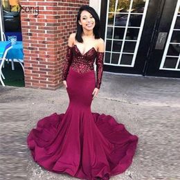 Hot Sell Elegant Burgundy Prom Dresses Off Shoulder Long Sleeve Black Girls Evening Gowns Sequined Appliuqes Party Celebrity Wears Custom