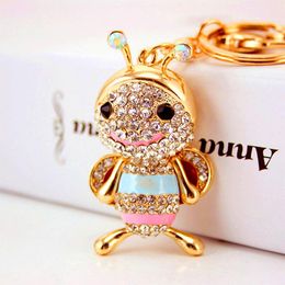 Rhinestone Bee Pendant Keychain Alloy Drip Oil Gold Plated Metal Animal Lobster Clasp Car Key Ring Holder Women Bag Charm Accessories