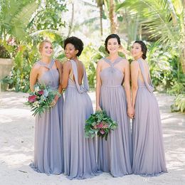 Country Style Boho Chiffon Bohemian Bridesmaid Dresses A Line Halter Neck Sexy Backless Pleats Long Wedding Guest Dress Maid of Honor Gowns