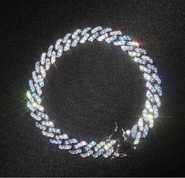 14K Mens 8mm Blue Diamonds Chain Necklace Bracelet Clasp Locked Miami Cuban Chain & Bracelets Hip hop Jewelry