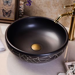 Porcelain Cloakroom Round Wash Basin Lavabo Counter top Sink Vessel Bathroom Hand Paint Art Wash Bowl black