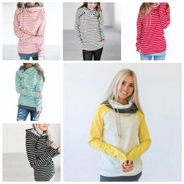 Girls Hoodies Patchwork Pockets Hooded Coats Striped Long Sleeve Sweatshirts Fashion Jumper Tops Pullover Hoodies Casual Outerwear D7062