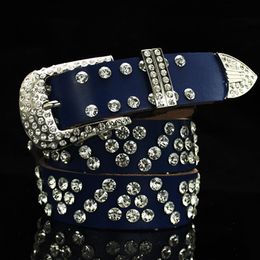 Diamond zircon crystal blue leather belt for woman lady fashion luxury designer super glittering 110cm 3.6ft