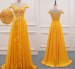 Hand Made Flowers Embroidered Yellow Prom Dresses Off Shoulder Crystal Pleats Chiffon vestido de novia Dresses Evening Wear Party Formal