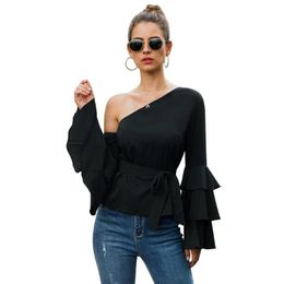 Autumn Black Skew Collar Sexy Shirt and Blouse Women Ruffles Full Flare Sleeve Off Shoulder Elegant Slim Fit Tops Blouse Ladies