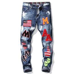 Summer Fashion Style Mens Designer Jeans Blue Skinny Pencil Jean Straight Embroidered Flag Badge Pant Slim Brand