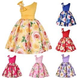 Baby Girls Clothes Rose Printed Princess Dress One Shoulder Girls Party Dresses Boutique Kids Clothing 6 Colors Optional DHW3070
