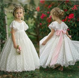 Cheap Cute White Pageant Gowns Jewel Short Sleeve Applique Lace Girl Flower Girl Dress Tiered Sweep Train Custom Made Hot Sell Birthday Gown