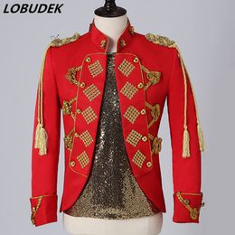 Bar Nightclub Men Singer Stage Red Court Blazer Jacket Fringe Epaulet Rivet Beads Jacket Stand Collar Slim Blazer Coat Male Concert Performance Stage Costume