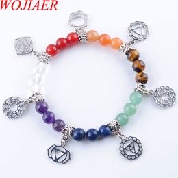 WOJIAER 7 Chakras Reiki Tiger Eye Agate Quartz GemStone Beads Strand Bracelet Jewellery Yoga Meditation For Women Bracelets K3283