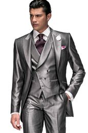 Fashion Shinny Grey Groom Tuxedos Peak Lapel Groomsmen Mens Wedding Dress Popular Man Jacket Blazer 3 Piece Suit(Jacket+Pants+Vest+Tie) 1363