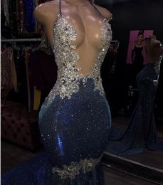 Sexy Sparkle Crystal lace Mermaid evening Dresses 2020 sheer illusion neck Backless Long Prom Gowns Halter Formal Party Dress Cust273Y