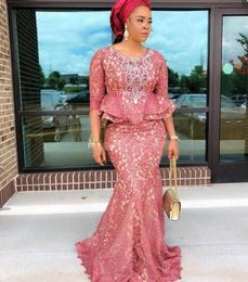 Aso Ebi Blush Lace Mermaid Prom Dresses 2019 3 4 Long Sleeves Peplum Plus Size Evening Gowns African Sweep Train Women Formal Party Dress
