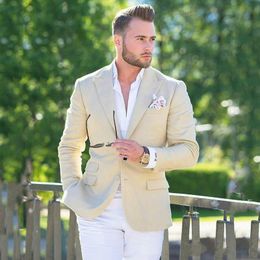 Fashion Beige Groom Tuxedos Excellent Peak Lapel Slim Fit Groomsmen Blazer Men Formal Suit Party Prom Suit(Jacket+Pants+Tie) 1282