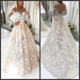 Glamorous Lace Wedding Dresses Off Shoulder Illusion Long Sleeves White Lace Appliques Bridal Gowns Sexy Open Back Sweep Train Wedding Gowns