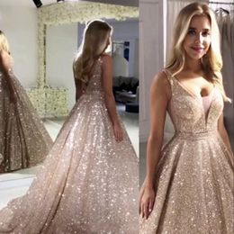 Cheap Sexy Sparkly Rose Gold Sequined Evening Dresses Wear V Neck Floor Length Silver Dark Red Middle East Formal Prom Dresses Party Gowns