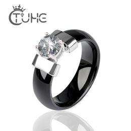 New Black Ceramic Wedding Ring 6MM Width White Bling Plus Cubic Zirconia For Women Delicate Cabochon Smooth Engagement Rings Men