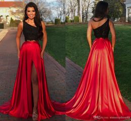 Sexy Two Piece Black And Red A Line Prom Dresses One Shoulder Pleats Backless Floor Length Formal Dress Evening Gowns Vestidos De Noiva