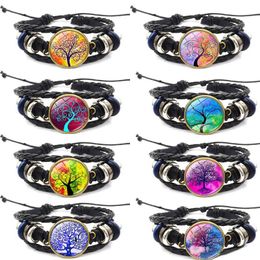 life of tree Howling Handmade Glass Cabochon Woven Leather Bangles Mens Black Cool Punk Animal Bracelet DIY Jewellery for women