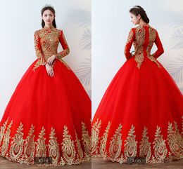 Long Sleeve Red Wedding Dresses Gold Floral Lace High Neck Lace-up Tulle A-line Wedding Reception Bridal Gowns Robes De Mariée Floor Length