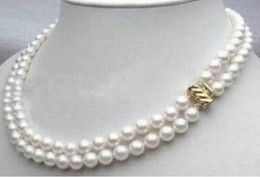 Double natural strands 8-9mm South Sea white pearl necklace 18 925 silver gold brooch