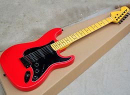 RedElectric Guitar with Reversed Headstock,Yellow Maple Neck,Black Pickguard,SSH Pickups,Can be Customised as Request