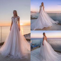 A Line Beach Wedding Dresses Jewel Neck Short Sleeve Covered Button Appliques Sequined Wedding Dress Court Train Boho Bridal Gowns