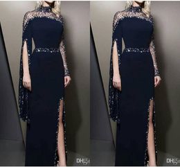 Arabic Modest Dubai Neck Sheath Evening Dresses Kaftan Dubai Beaded Long Sleeves High Split Party Gowns Robe De Soiree Prom Dress