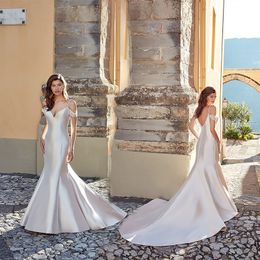 Eddy K Couture Backless Mermaid Wedding Dresses Spaghetti Sleeveless Appliques Satin Wedding Dress Sweep Train Bridal Gown