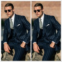 Summer Navy Blue Stripe Groom Wedding Suits Groom Slim Fit Two Button Formal Work Prom Office Blazer Jacket(Jacket+Vest+Pants)